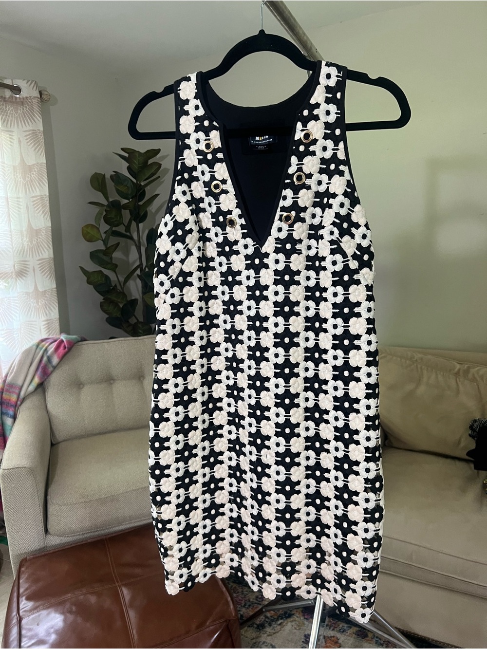 **Maeve by Anthropologie Black & Cream Floral Crochet Overlay Dress – XS**